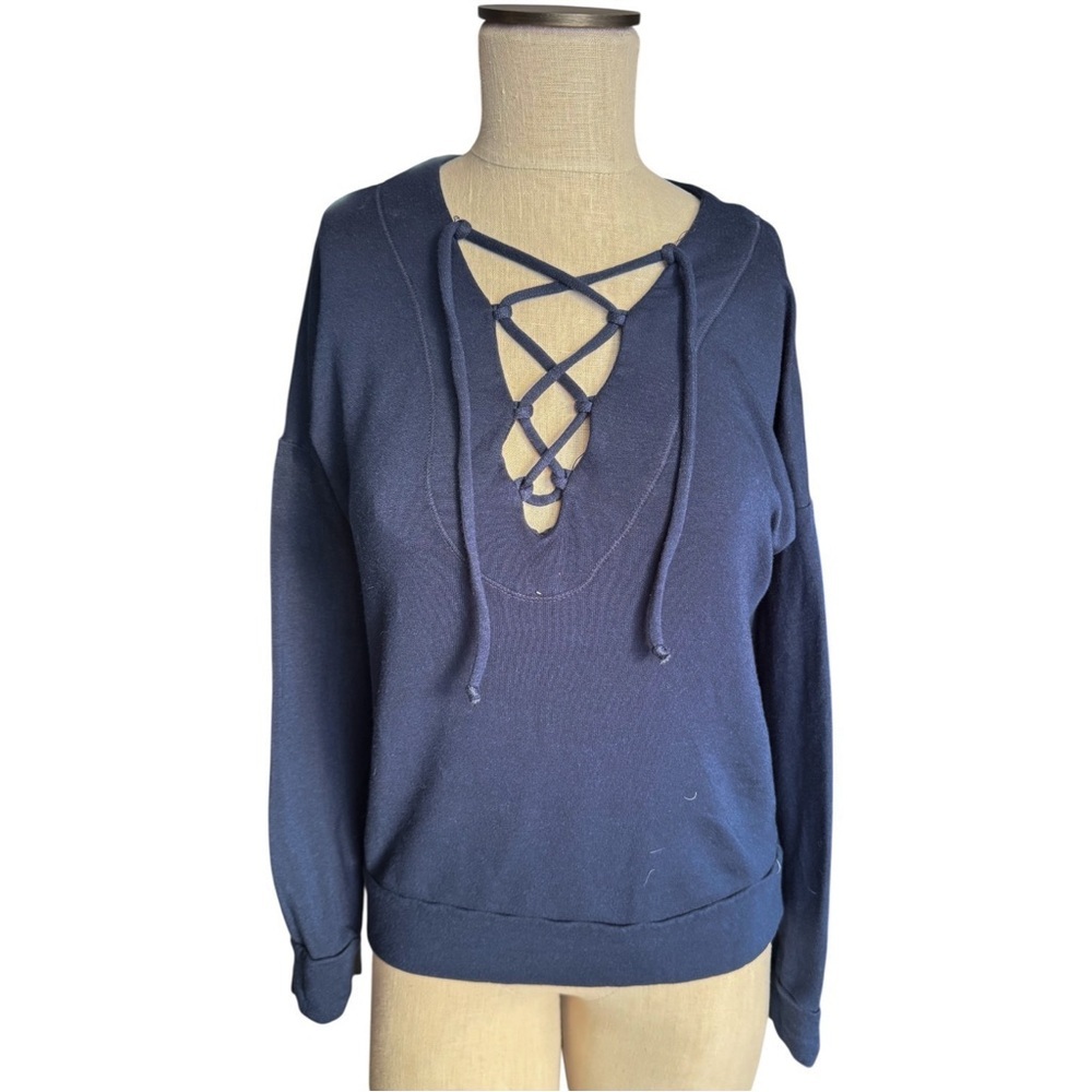 Revolve Stateside Navy Blue Lace Front Modal Blend Long Sleeve Sweatshirt Sz XS